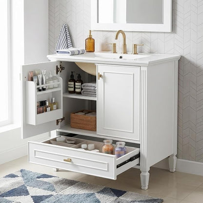 Merax 30 Inch Bathroom Vanities with Undermount Sink, Vanity Cabinet with Door Rack Shelf, Multi-Functional Drawer with Dividers, Soft Closing Doors, White