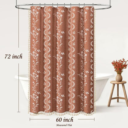 Boho Terracotta Vintage Shower Curtain with Tassels | 60 x 72 Inch,Bohemian Floral Linen Fabric Pattern Curtain Curtain For Bathroom