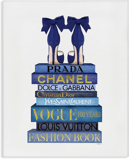 Stupell Industries 'Blue Bow Heels on Bookstack'| Canvas Art | Stupell Industries | 24 x 30 Inches, Easy to Hang and Sturdy, Made in USA, by Amanda Greenwood