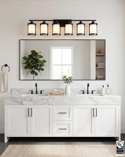 6-Light Matte Black Bathroom Light Fixtures Over Mirror with Frosted Milk Glass and Metal Cage Shade, 42" UL-Listed Modern Farmhouse Wall Sconce for Bath, Hardwire E26, OS-3014BKW-6W
