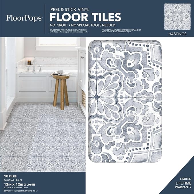 FloorPops Hastings Peel & Stick Floor Tiles, Blue