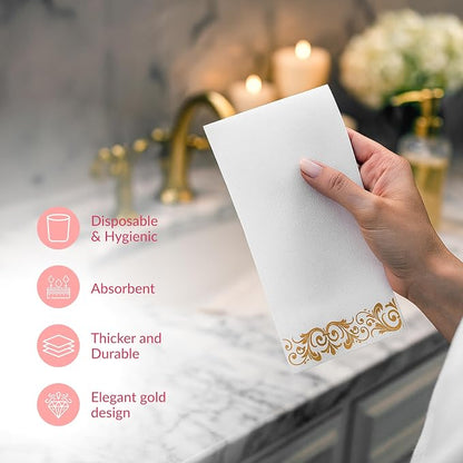 Prestee 200 Pack Disposable Paper Guest Towels for Bathroom, 2-Ply - Elegant Linen Feel Paper Napkins - Absorbent Decorative Guest Towels for Bathroom, Wedding, and Party Use - (White and Gold)