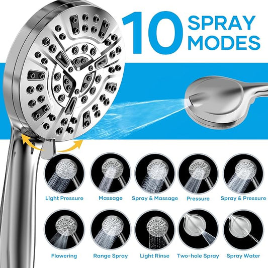 Shower Head with Handheld Spray Combo, Dual Rain Shower Head | High Pressure Performance, 10-Mode Spray Options, Replaceable Filter, Flexible 67" Hose, Durable Chrome Finish