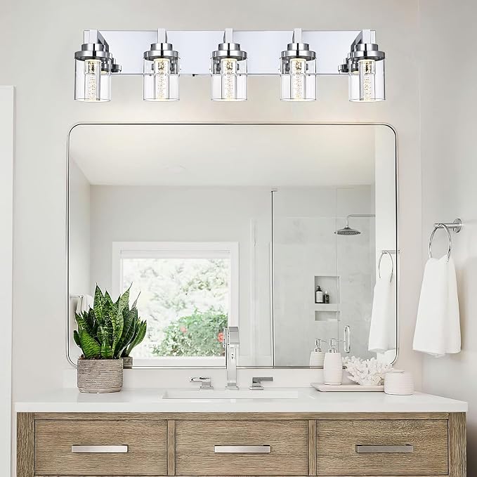 MELUCEE 31 Inch LED Vanity Light Bar Chrome 5-Light with Clear Glass Shade | Bathroom Vanity Light Modern 25W Bathroom Wall Lighting Fixtures Bubble Crystal Restroom Lights Fixtures over Sink