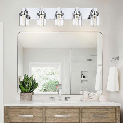 MELUCEE 31 Inch LED Vanity Light Bar Chrome 5-Light with Clear Glass Shade | Bathroom Vanity Light Modern 25W Bathroom Wall Lighting Fixtures Bubble Crystal Restroom Lights Fixtures over Sink