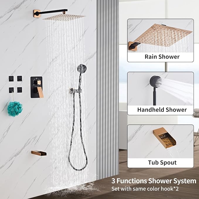 Black Gold Shower Tub Faucet Set, Wall Mounted 12 Inch Shower Heads with Handheld Spray Combo and Tub Shower Faucet, Luxury Bathroom Square Rain Shower System - 4 Hooks