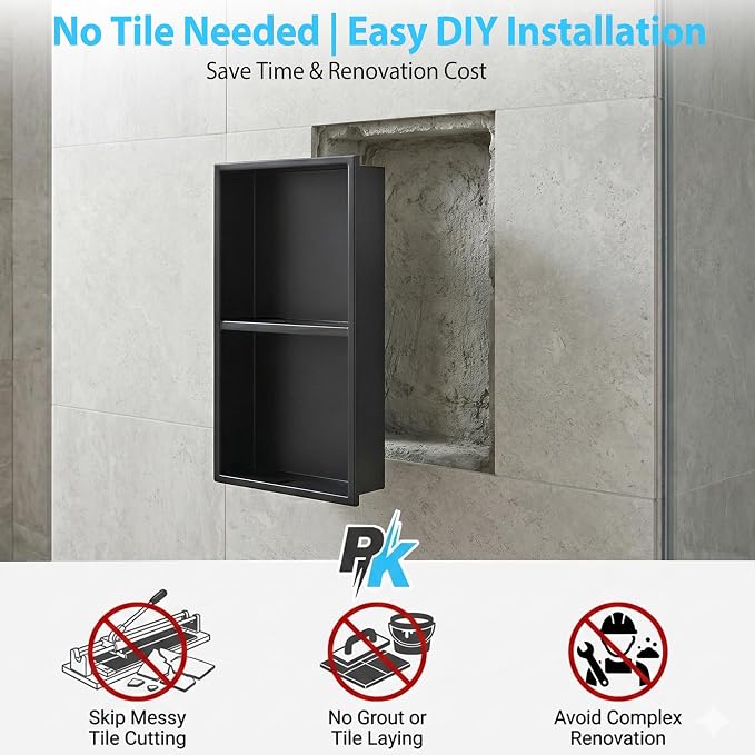 304 Stainless Steel Shower Niche 12” x 24” for Bathroom Storage | Matte Black Recessed Shower Niche No Tile Needed with 2-Tier Shelves for Bathroom Space Saving