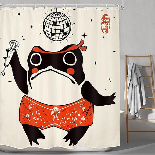 LGhtyro Funny Frog Shower Curtain Bathroom Set 60Wx71H Inches Retro Asian Style Traditional Japanese Art Animal Lantern Ball Microphone Bath Accessories Cute Art Home Decor Fabric 12 Pack Hooks