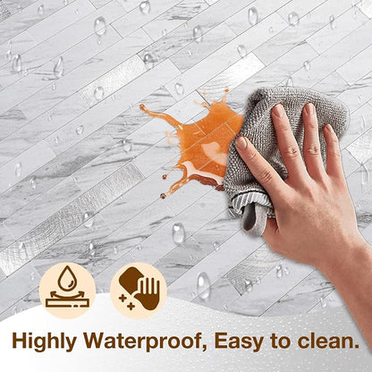 Peel and Stick Backsplash Tile Waterproof Removable PVC Wall Sticker 3D Faux Stone Marble Brick White Accent Panels (White Marble - Metal Silver, 40 Tiles - 18 sq. ft. (1.68 m²))