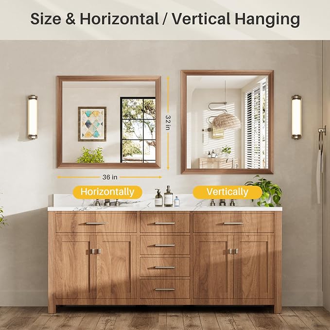 36x32 Inch Bathroom Mirror for Wall, Anti-Rust Walnut Wood Grain Metal Framed Bathroom Mirrors for Over Sink,Rectangler Mirrors for Bathroom Vanity, Farmhouse, Bedroom, Living Room, Entryway Decor
