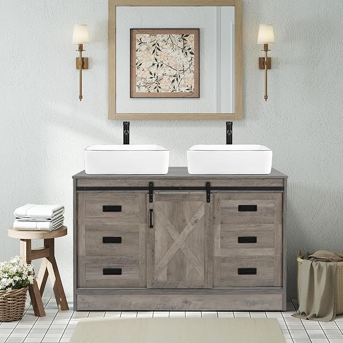 48" Barn Door Bathroom Vanity with 6 Drawers, Farmhouse Style Standing Pedestal Cabinet Without Sink