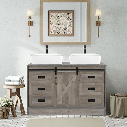 48" Barn Door Bathroom Vanity with 6 Drawers, Farmhouse Style Standing Pedestal Cabinet Without Sink