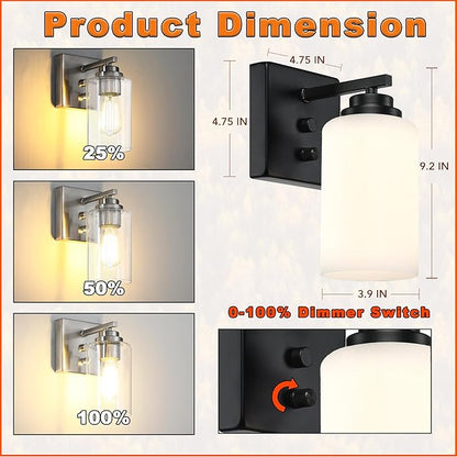 Wall Sconces with Switch Set of Two, Bedside Wall Lamps for Bedroom, Modern Bathroom Light Fixtures with Milk Glass Shade, Black Sconces Wall Lights for Hallway, Living Room, Kitchen