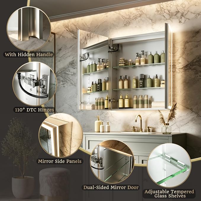 30x32 Lighted Medicine Cabinet, Separate Front & Back Lights | Surface/Recessed LED Medicine Cabinet for Bathroom with Side Mirrors, Dimmable Light, Anti-Fog, Memory,Silver Aluminum Frame