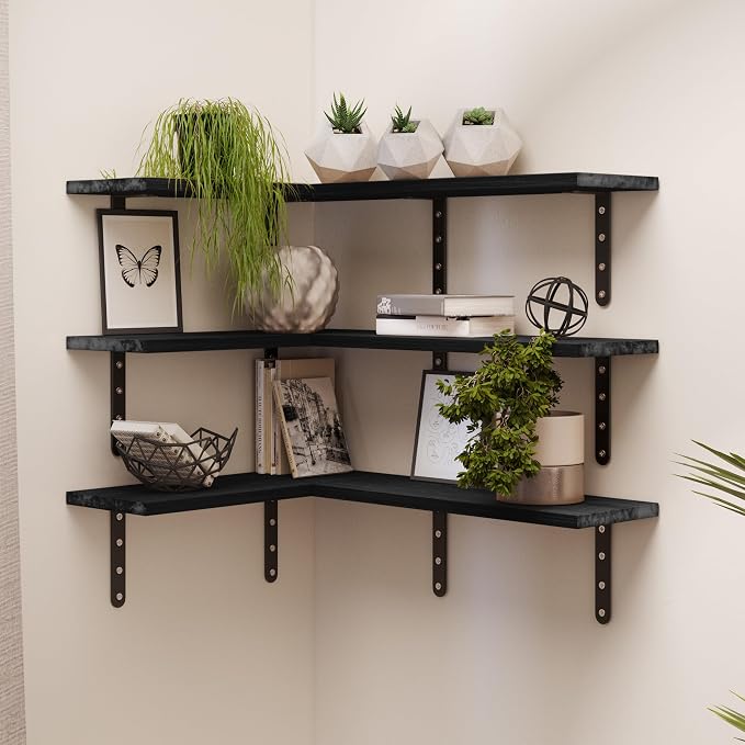 Lavish Home Floating Shelves - Set of 6 Shelves for Living Room, Kitchen, Bedroom, or Bathroom Decor - Wood Floating Shelves for Wall - Farmhouse Wall Décor (Black)