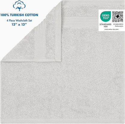 Cotton Paradise 100% Cotton Turkish Washcloth Set for Bathroom, 4 Piece Soft Absorbent Small Towels Wash Rags, Silver Grey