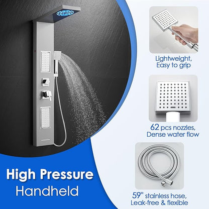 ROVOGO Led Shower Panel Tower System, 2-Setting Lighted Shower Head (Rainfall & Mist Mode), Large Body Jets, Handheld and Tub Spout, 50" Stainless Steel Shower Column with Mixer Valve, Brushed