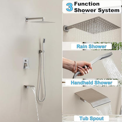 Shower System with Tub Spout, 10-Inch High-Pressure Rain Showerhead and Handheld Combo, Brushed Nickel Shower Faucet Set with Rough-in Valve and Trim Kit, Wall Mounted All-Metal Shower Set