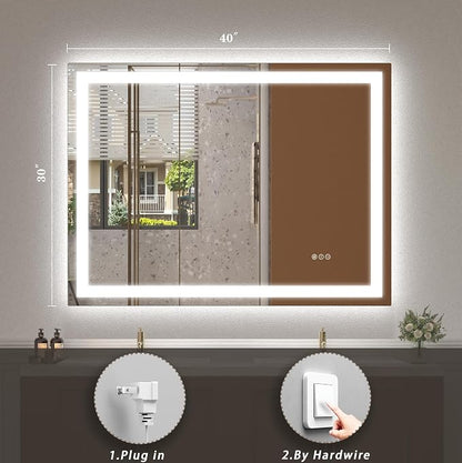 40x30 LED Lighted Bathroom Mirror for Vanity Wall | Front Light and Backlit, Anti-Fog, Memory, 3 Color, Tempered Glass, Dimmable, Rectangular, UL, Horizontal/ Vertical Mounted