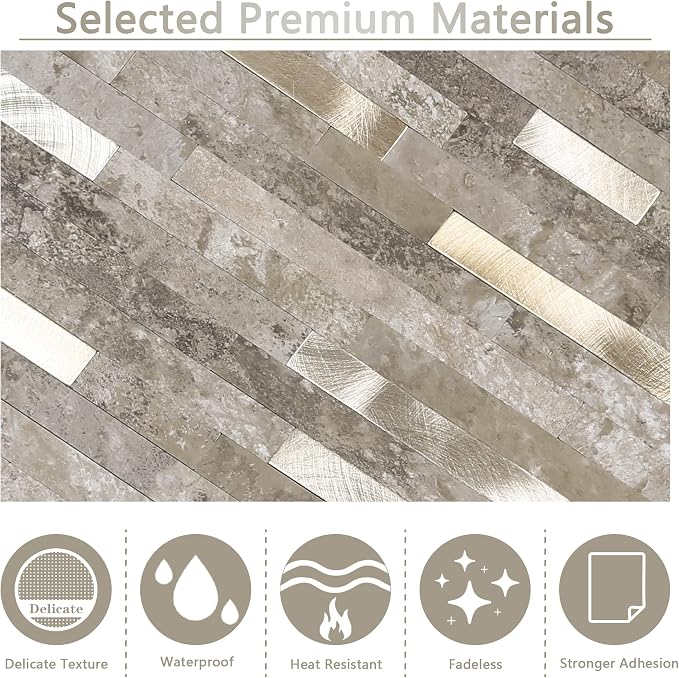 KASARO Peel and Stick Marble Backsplash Tile, 10 Sheets, Slate Marble with Vintage Silver Stripes, Self-Adhesive Wall Tile for Kitchen, Bathroom, Fireplace, RV (11.4” x 10.6”)