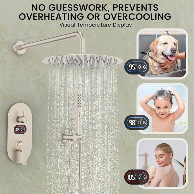 Longriver Round Shower Faucet Set with Hydro Power Temperature Display | Shower System 12" Shower Head with Handheld Spray, Wall Mounted Shower Fixtures with Shower Valve and Trim Kit-Brushed Nickel