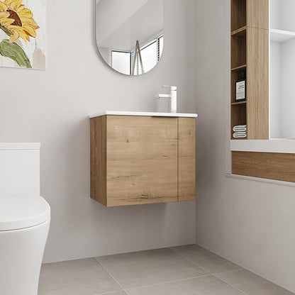 22 Inch Bathroom Vanity with Sink, 22" Wall Mounted Vanity Sink Combo for Small Space, Modern Bathroom Cabinet Set with Ceramic Basin Sink Top and Soft-Closing Door, Imitative Oak