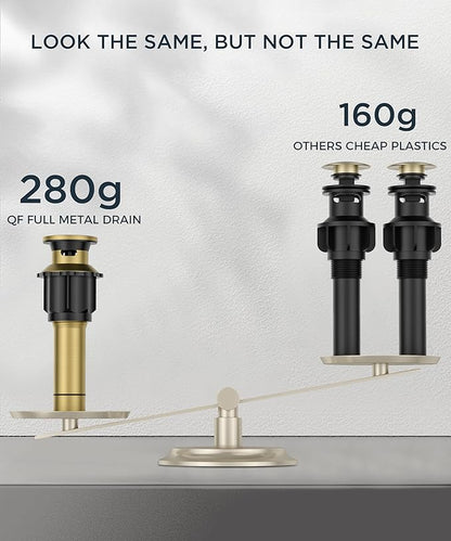 QFN Brushed Gold Bathroom Faucet 3 Hole, 8 Inch Widespread Square Bathroom Sink Faucet with Metal Pop-up Drain and 24" CUPC Supply Line, Lead-Free 2 Handles for Vanity, Restroom, Lavatory and Mall