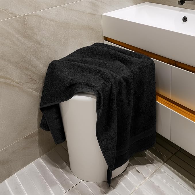 Commercial Bulk Pack of 12 Large Bath Towels – 100% Cotton Terry 24" x 50" – Ideal for Hotels, Salons, Gyms, Spas & Institutional Use – Black