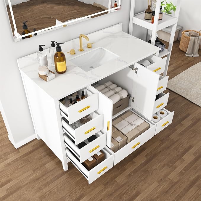 48 Inch Bathroom Vanity with Sink&Countertop,Carrara White Quartz Counter Top with Sink&Backsplash,White Bathroom Cabinet Set with 2 Doors and 9 Drawer(Three Holes)