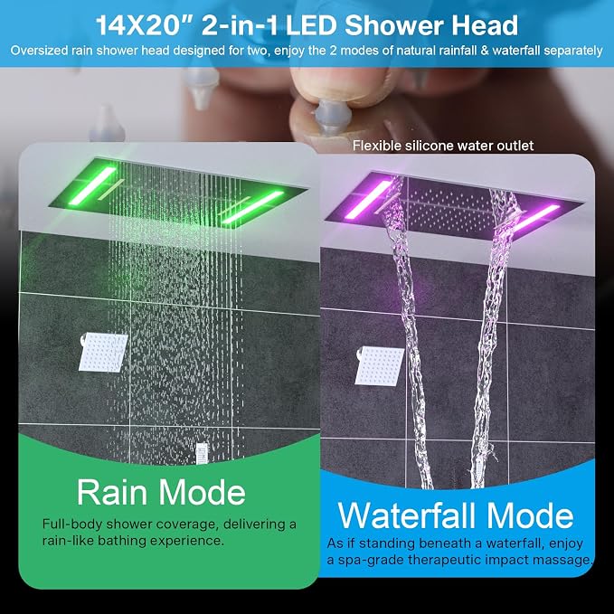 ENGA Dual Rain Shower Head System, 2 In 1 Functions Ceiling Mount 14x20inch LED Shower Head with 6 Inch Shower Head, Rainfall Waterfall Shower Faucet Set, Chrome