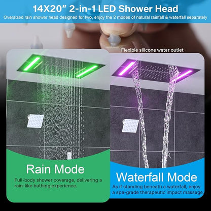 ENGA Dual Rain Shower Head System, 2 In 1 Functions Ceiling Mount 14x20inch LED Shower Head with 6 Inch Shower Head, Rainfall Waterfall Shower Faucet Set, Chrome