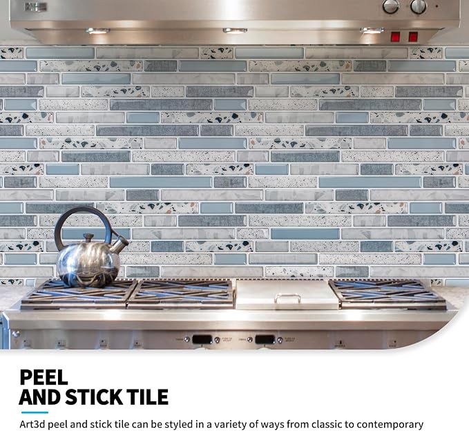 Art3d Peel and Stick Stone Wall Tile, 11.8 x 11.8 in, 10-Sheet, Light Blue | Moisture Resistant, Strong Adhesive, Sturdy, Cleanable, Easy to Install, for Kitchen, Laundry Room, Ideal for New Home Buyers