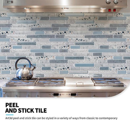 Art3d Peel and Stick Stone Wall Tile, 11.8 x 11.8 in, 10-Sheet, Light Blue | Moisture Resistant, Strong Adhesive, Sturdy, Cleanable, Easy to Install, for Kitchen, Laundry Room, Ideal for New Home Buyers