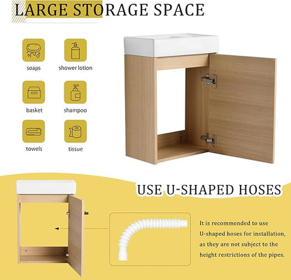 KEIKI 16'' Bathroom Vanity Cabinet with Sink, Wall Mounted Floating Bathroom Vanity with Soft-Close Cabinet Door, for Small Bathroom, Light Oak