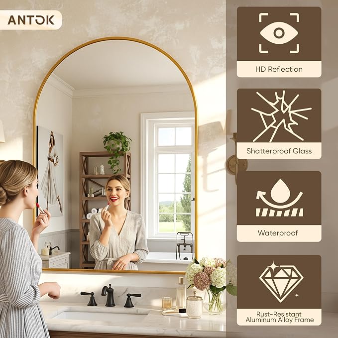 Antok Arched Bathroom Mirror, 30"x40" Wall Mounted Mirror, Vanity Mirrors for Over Sink, Aluminum Alloy Frame Bathroom Mirrors Living Room, Bedroom and Entryway, Gold