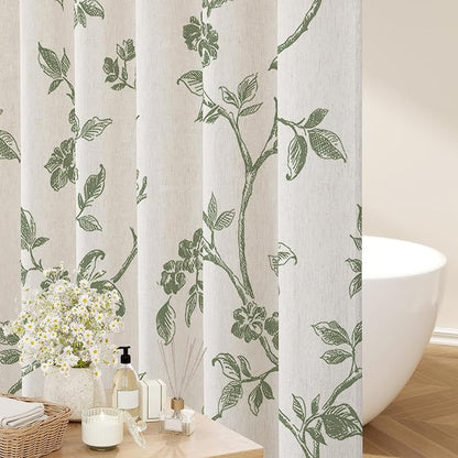 MitoVilla Long Linen Floral Shower Curtain for Bathroom,72 x 78 | Long Cottagecore Spring Shower Curtains for Bathroom, Modern Farmhouse Country Plant Leaves Bathroom Décor, 72 x 78