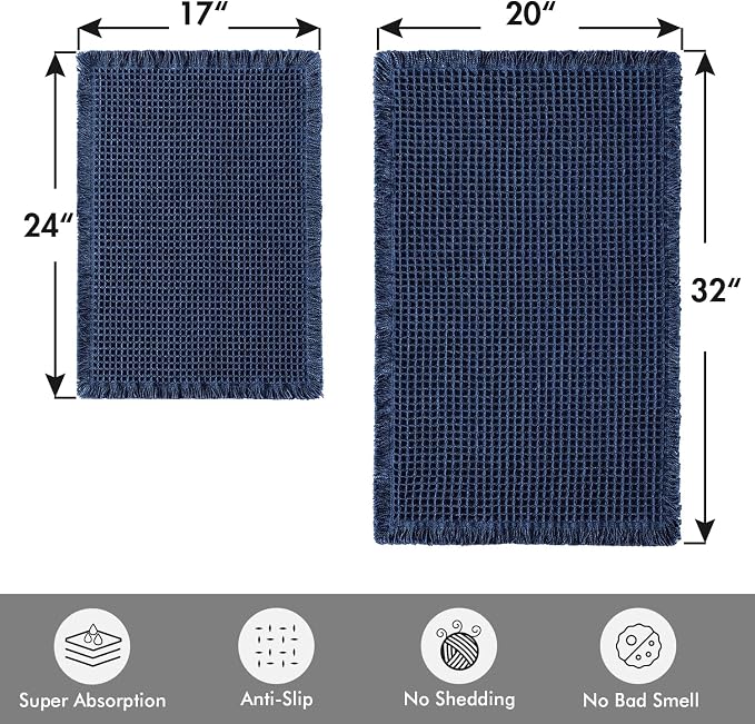 MIULEE Set of 2 Waffle Bathroom Rugs Navy Blue Bath Mat 17"x24"+20"x32" | Non Slip, Super Absorbent, Washable, Ultra Soft, Rubber Backed Bath Rugs for Bathroom Floor Tub Shower, Boho Decor