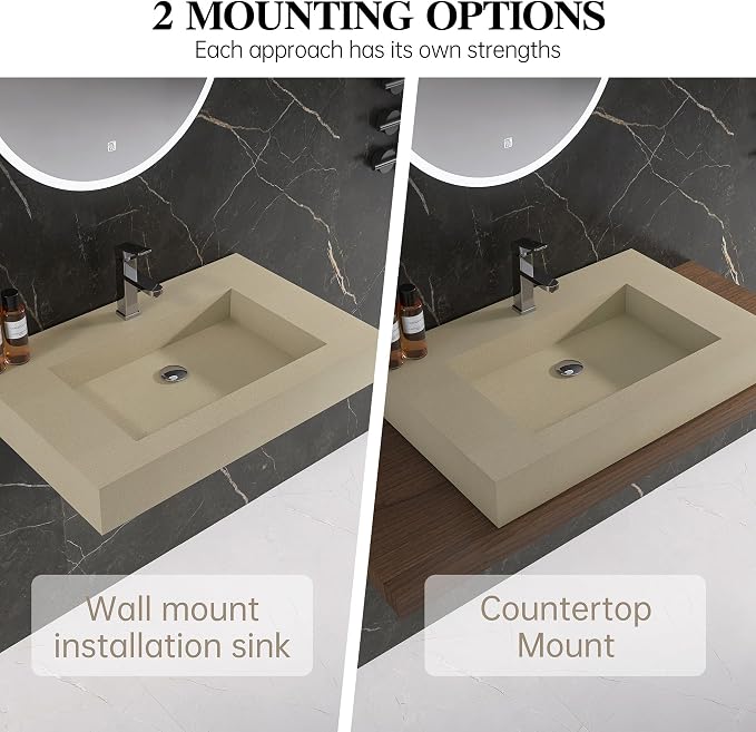 30" x 19" Bathroom Sink with Solid Surface, Wall Mount Bathroom Sink with Single Faucet Hole, Rectangle Stone Resin Vessel Sinks for Indoor Outdoors,Floating Wall Hang Sink Bowl, Beige