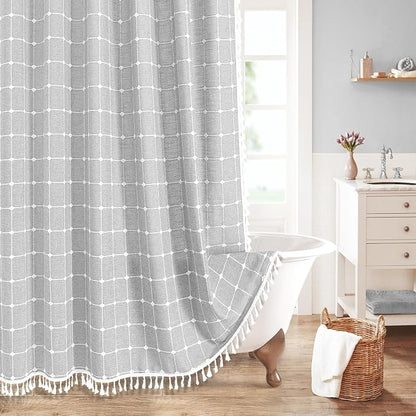 MitoVilla Grey Boho Shower Curtains for Modern Farmhouse Bathroom Decor, Country Thick Polyester Linen Fabric Shower Curtain, Rustic Tassel Cloth Shower Curtain, 72 x 72, Light Grey