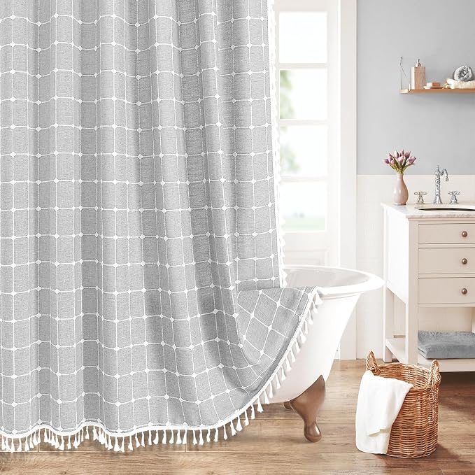 MitoVilla Grey Farmhouse Shower Curtain Set 72 x 78, Boho 78 inch Long Polyester Linen Tassel Fabric Shower Curtain Set for Chic Cottagecore French Rustic Bathroom Decor, Light Grey