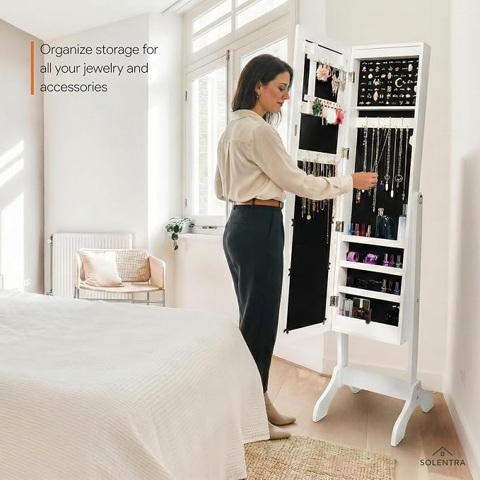 Standing Jewelry Cabinet – Full Length Mirror Jewelry Armoire Organizer with Lock, LED Lights & Multiple Storage Compartments