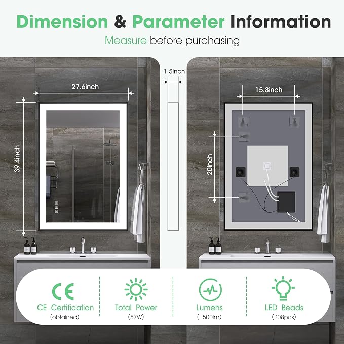 S·BAGNO 40" x 28" LED Bathroom Mirror with Black Frame, Led Mirror for Bathroom, Built in Bluetooth Speaker, Dimmable Brightness, Color Changing, Anti-Fog, Horizontally/Vertically