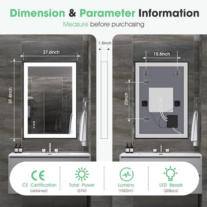 S·BAGNO 40" x 28" LED Bathroom Mirror with Black Frame, Led Mirror for Bathroom, Built in Bluetooth Speaker, Dimmable Brightness, Color Changing, Anti-Fog, Horizontally/Vertically
