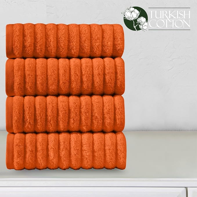 Elegant Comfort Luxury 100% Turkish Cotton Corduroy Ribbed 4 Pack Hand Towel Set 16 x 28 Inch - Absorbent, Super Soft, Quick Dry, Premium Towels for Bathroom, Gym, Spa and Hotel Use, Orange