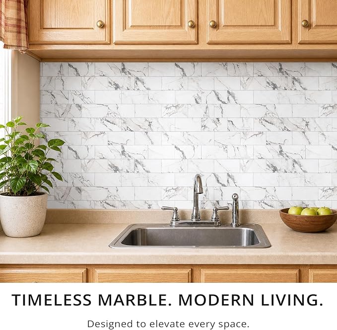 StyloVue 100 Pieces Peel and Stick Backsplash for Kitchen, 3" x 6" PVC Subway Tile, 2026 Upgraded Volakas White Marble, Stick on Wall Tile for Kitchen, Bathroom, Fireplace, RV