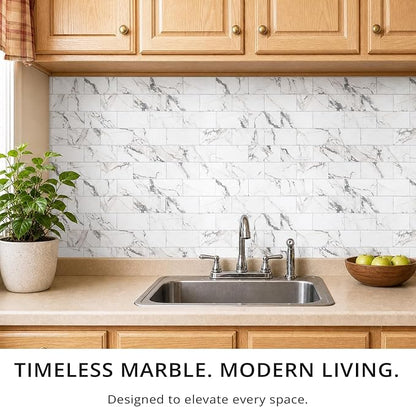 StyloVue 100 Pieces Peel and Stick Backsplash for Kitchen, 3" x 6" PVC Subway Tile, 2026 Upgraded Volakas White Marble, Stick on Wall Tile for Kitchen, Bathroom, Fireplace, RV