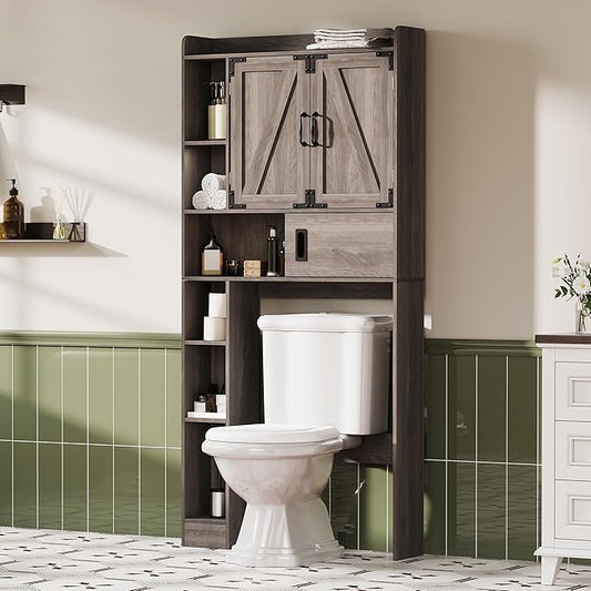 ChooChoo Over The Toilet Storage Cabinet, Farmhouse Bathroom Storage Cabinet with Sliding Door, Over Toilet Storage with Adjustable Shelves, Space-Saving, Grey