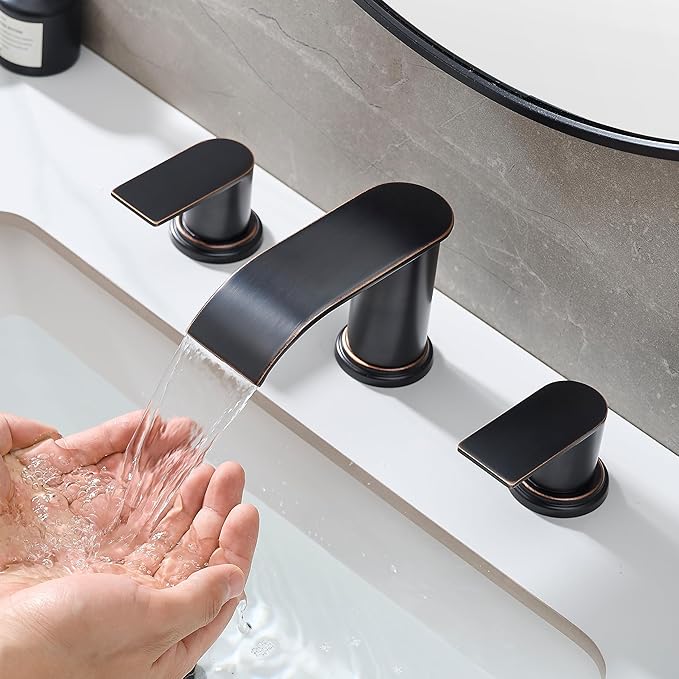 Waterfall Bathroom Faucet 3 Holes, 8 Inch Widespread Faucet 2 Handle Lead-Free Oil Rubbed Bronze, Bathroom Faucets with Pop Up Drain, Bathroom Basin Lavatory Mixer Tap with Deck Mount Plate