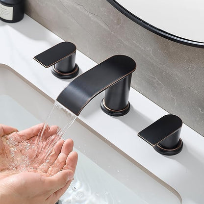 Waterfall Bathroom Faucet 3 Holes, 8 Inch Widespread Faucet 2 Handle Lead-Free Oil Rubbed Bronze, Bathroom Faucets with Pop Up Drain, Bathroom Basin Lavatory Mixer Tap with Deck Mount Plate