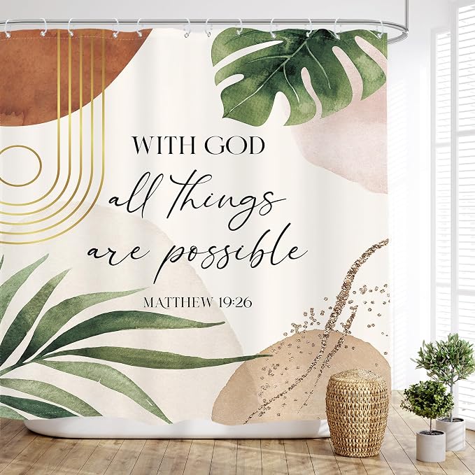 Glawry Boho Bible Verse Shower Curtain Extra Long Bathroom Curtain Set | Inspirational Abstract Scriptures Quotes Palm Leaf Mid Century 72Wx78L Bathroom Decor Waterproof Fabric with Free Hooks